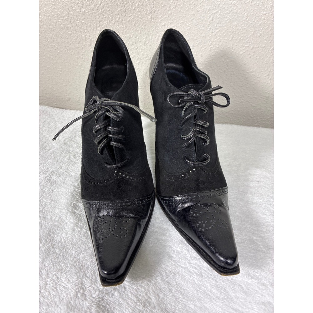 Vintage Bebe Made in Spain Black Leather Suede Oxford Heels Pointed Toe 8B